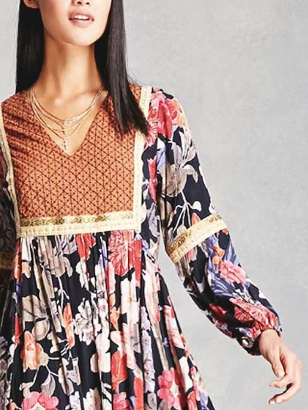 Anthroplogie RD & Koko Tunic Blouse M Floral Trimmed Balloon Sleeve Western Boho